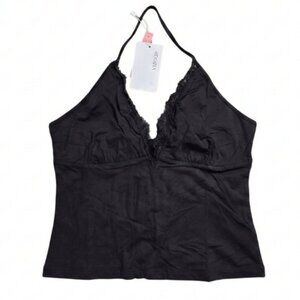 NWT | REORIA Black Halter Tank Top | Lace V-Neck Detail | Backless | Small